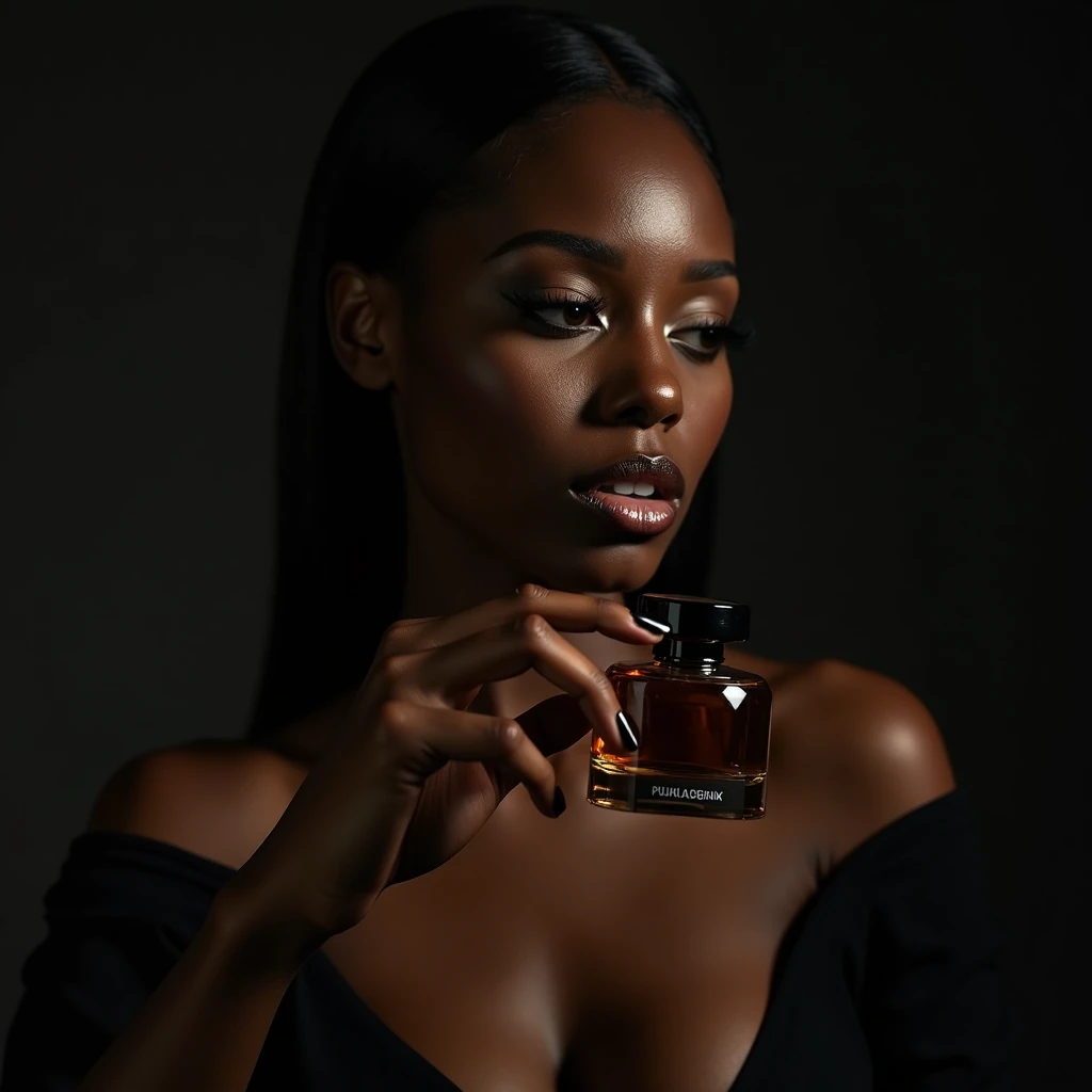 a beautiful black woman, detailed face and body, sensual expression, photographing a perfume bottle, hyperrealistic studio, dramatic lighting, high quality professional photography, elegant, sophisticated, cinematic, moody colors, dark and warm tones, chiaroscuro, dramatic shadows, glass, metal, beautiful details, depth of field, bokeh lubin akkab