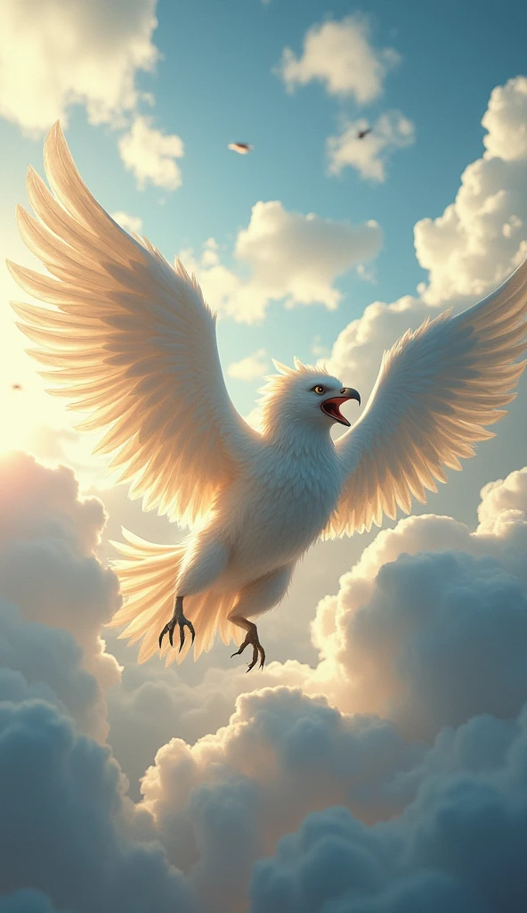 a griffin flying through the white clouds, partial body is covered by clouds, surrounded by fluffy clouds, opened beak, sunlight shining bright, low angle camera, well defined detail, sharp color, high definition