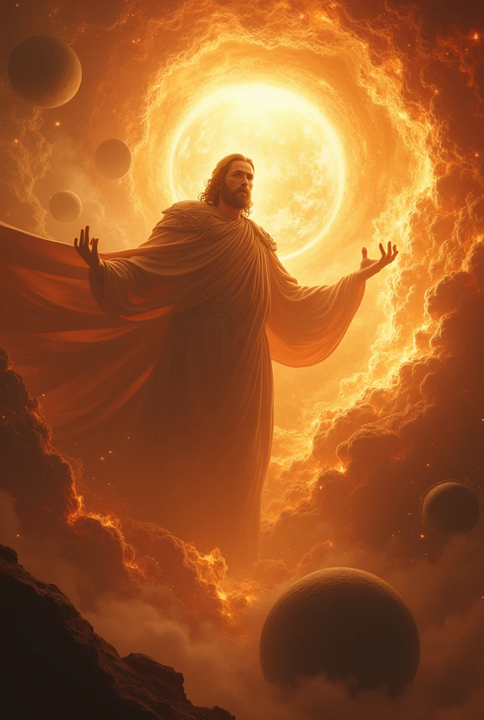 Almighty God with eyes full of power creating the planets in space where the sun illuminates the scene very realistic and cinematic 