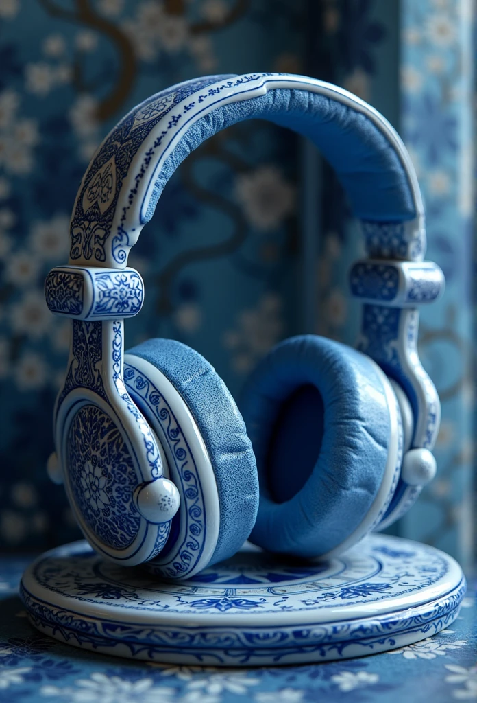 Blue and white porcelain,Ceramic headphones，artwork，Decorations， High Detail,3d， Chiaroscuro, Movie Lighting, Divine Light, Movie Lighting, Ultra HD, High Detail, best quality, high resolution, Textured Skin