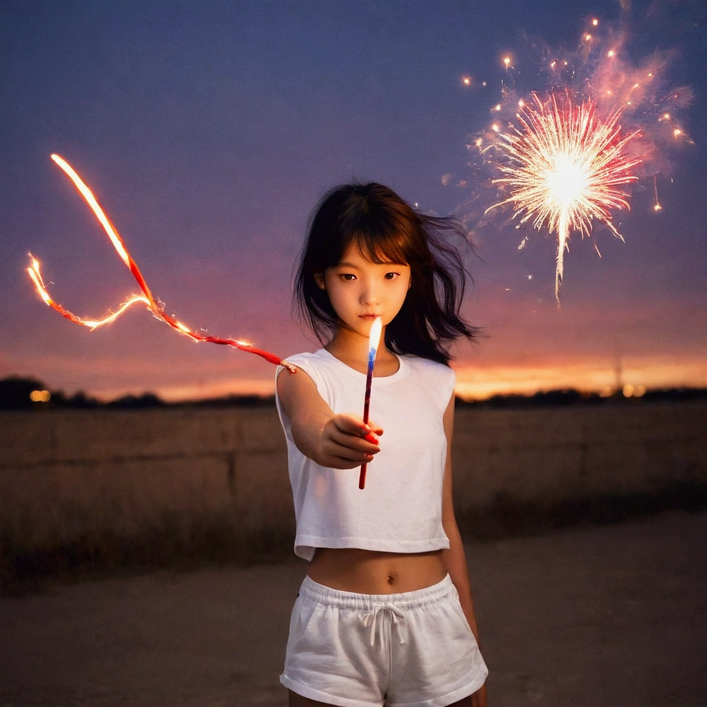 There&#39;s a girl holding a firework stick in her hand..,long black hair, White T-shirts,red shorts,Blurry and dreamy painting