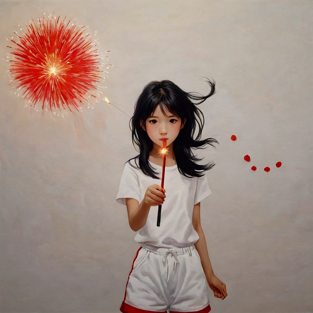 There's a girl holding a firework stick in her hand..,long black hair, White T-shirts,red shorts,Blurry and dreamy painting