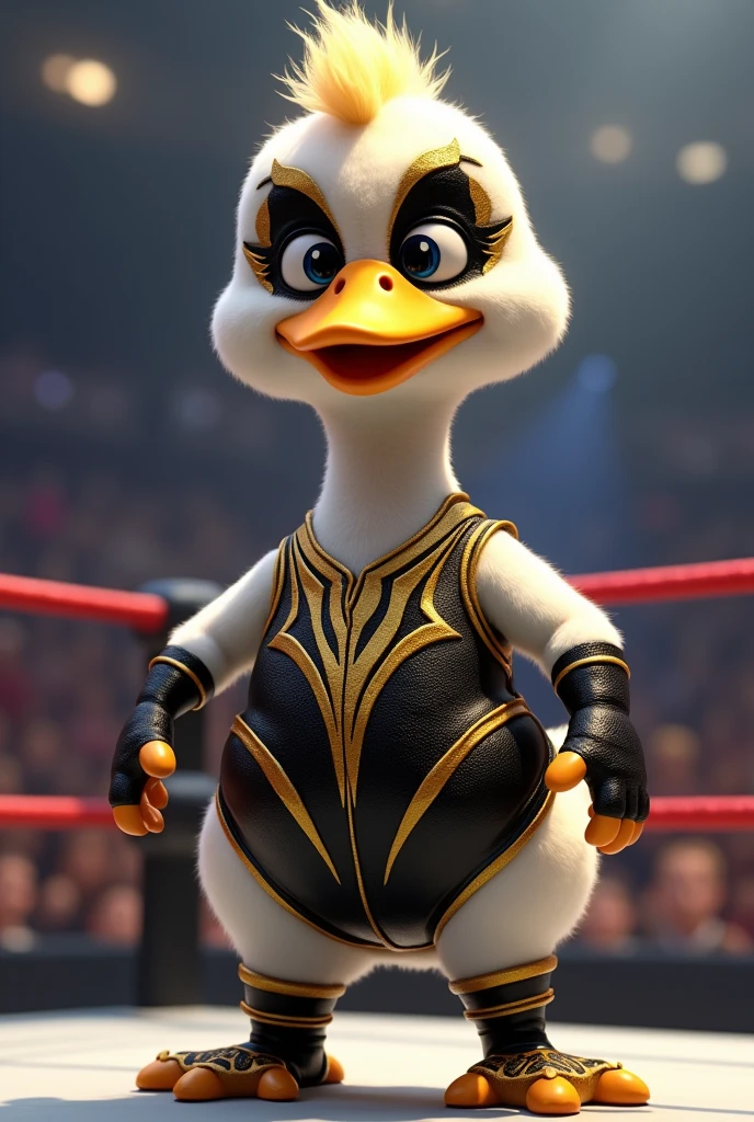 cartoon goose dressed like WWE wrestler Golddust.

Cartoon Goose head. Cartoon Goose face. Cartoon Goose hands.

Short blonde hair 

Black paint on face with gold highlights.

Black full bodysuit ordained with gold accents. Black wrestling boots.

Standing in a wrestling ring.