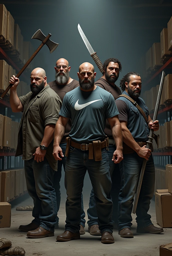 Four white men and one mulatto looking at the camera holding bladed weapons described below for each one ,being 1 bearded bald man with a cleaver, second with hair, beard and glasses with a Nike shirt with a katana in his hand , third a tall bald white man without a beard with a viking body with a guts sword ,the fourth a chubby guy with hair and beard with a fishbone, fifth with strong nudreds hair and with sword, in the background of the image shelves and stock boxes