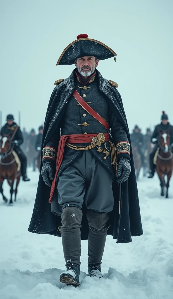 Napoleon Bonaparte leading his army during the 1812 Russian campaign, wearing a greatcoat and bicorne hat, soldiers and horses struggling through deep snow, harsh winter conditions with a desolate frozen landscape, hyper-realistic, photo realism, cinematography -- ar 9:16