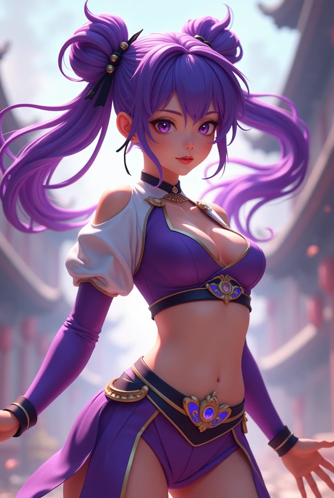 Teen girl, twintail, crop top, violet hair, chinese clothes violet and white color, sexy belly, sexy ass, f cup, 3d anime face, front, ziyan battle through the heavens