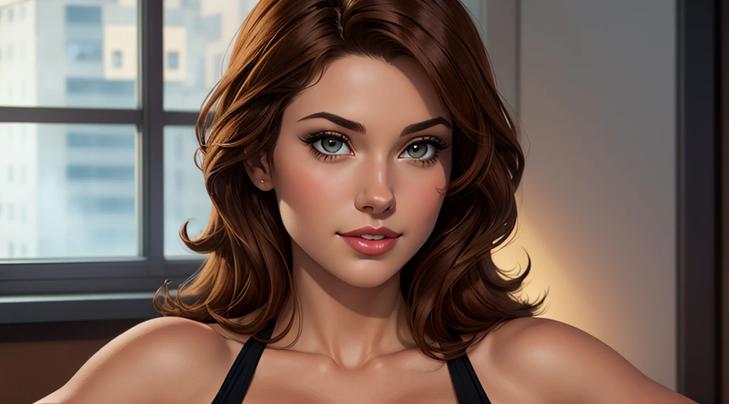 beautiful young woman, April O'Neill, (Lovely, detailled eyes), (beautiful detailed lips), (extrem detailled eyes und Gesicht), (longeyelashes), long brown hair, (red lipstick), (brown eyes), yellow overalls (rolled-up sleeves),open chest,large nipples, (News from Channel 6), (Classic TMNT cartoon from the 1980s), (best quality, 4K, 8k, A high resolution, masterpiece:1.2), extremely detail, (realisti, photorealisti, photo-realisti:1.37), (HDR), (uhd), (studio lighting), (very detailed description), (Specialist), (bright colors), (Hips), (Portraits), (Conceptual artist), (bright, warm colors), (soft, diffuse light).Eroticism