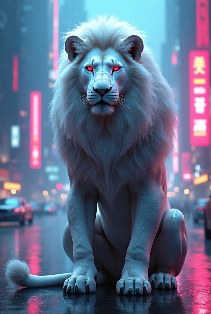 

Lion in white, glossy cyborg, helmet and costume with red glowing eyes, sitting in cyberpunk neon city with blue and pink