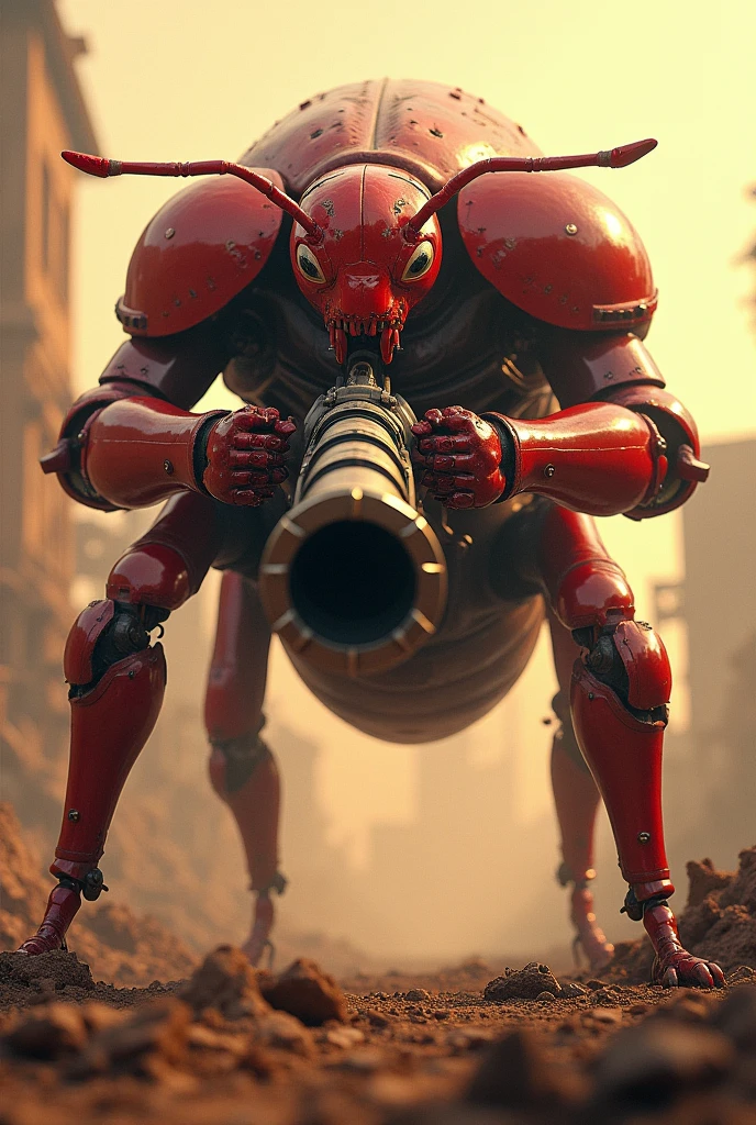 A giant red ant holding machine gun