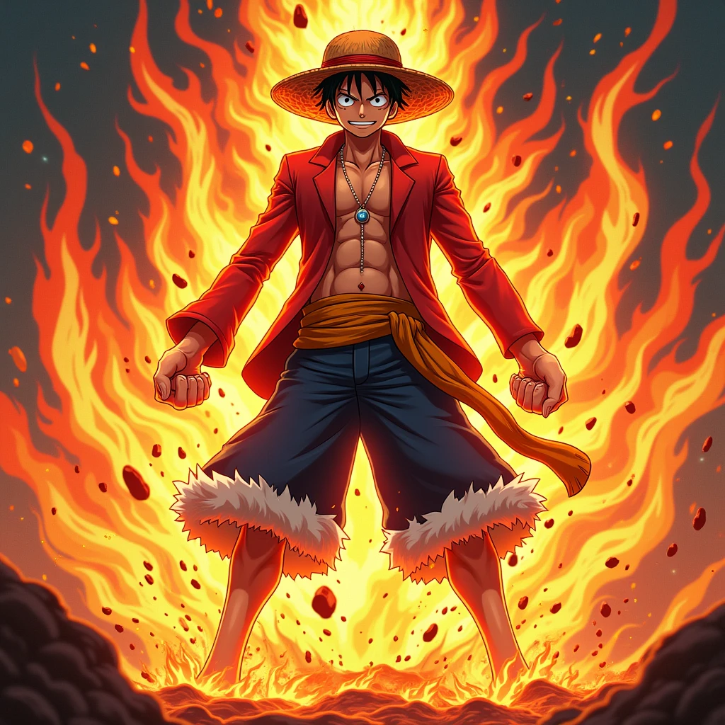 Get ready for a visual feast with Monkey D luffy, glowing Hat , a being with a handsome face and piercing blue eyes. In his transformed state, he radiates extreme instinct and power, making for an epic anime about this energy man. Watch as he controls fire and lava in stunning anime artwork that will leave you in awe. This concept art is straight out of the Bleach Universe, with a manga-style 8k wallpaper that will transport you to another dimension. Prepare to be amazed by this detailed digital anime art, showcasing the ultimate fusion of style and power.