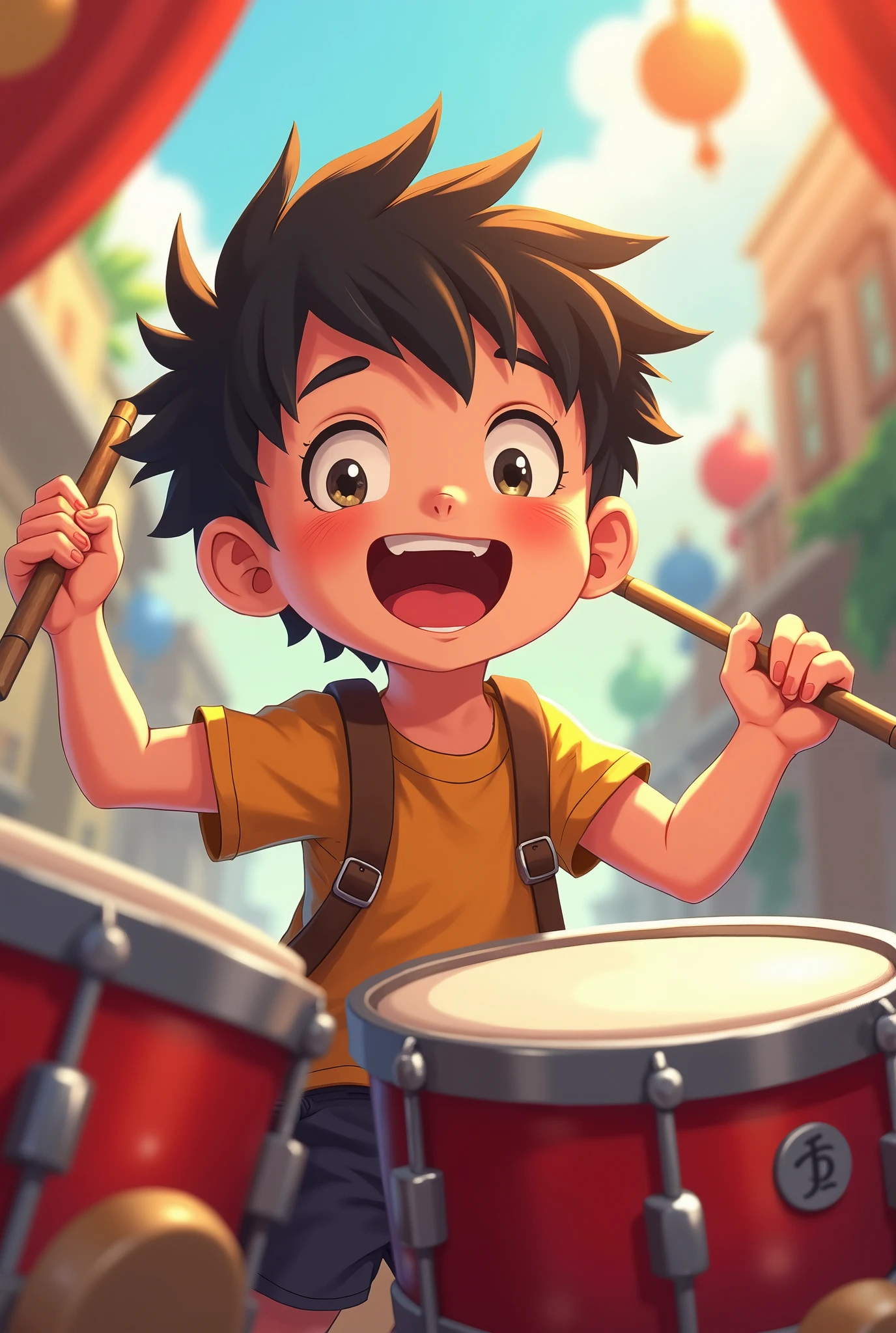 A boy is carrying and playing drums with his bare hands in anime style ,his face is a little bit upwards,his face is filled with joy