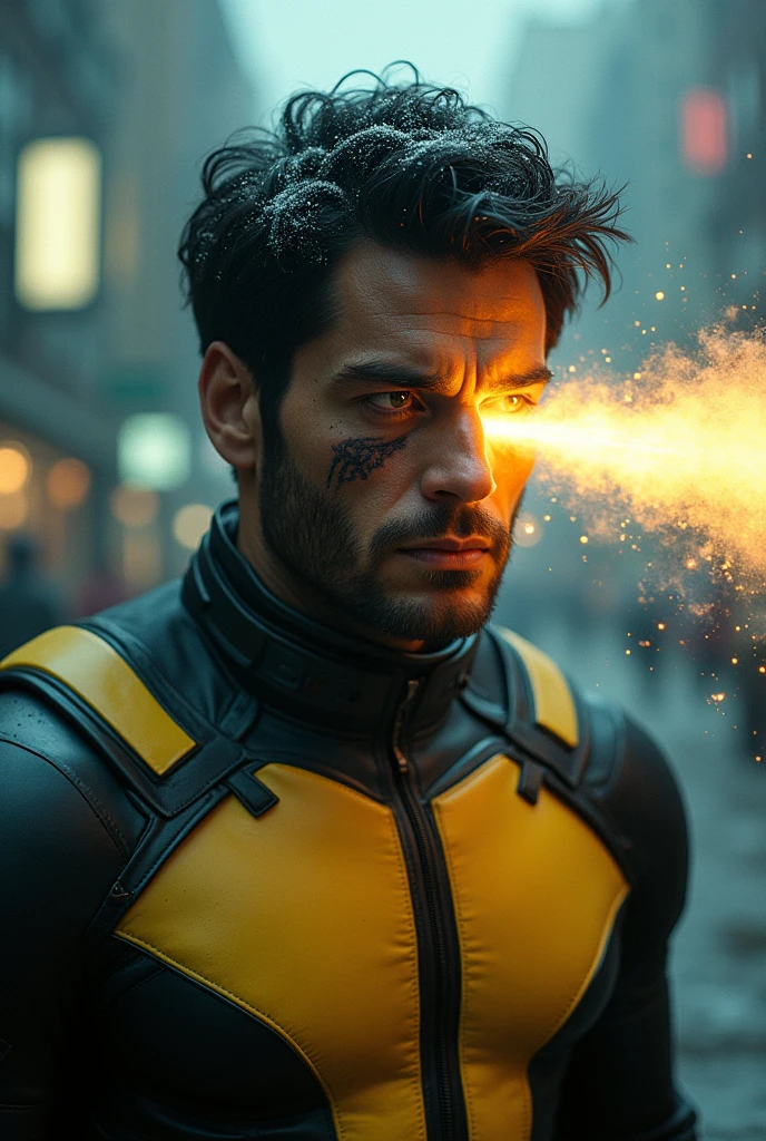 Rain, fragments, particles blender Extreme close-up face
Actor Akira kaneda's cyclops creepy monstrous scary as cyclops Energy blast of futuristic nanopunk glasses cyberpunk steampunk viking traje viking Year 2099s from X-Men's filmed by ZackSnyder,cyclops dress traje semi rasgado , fighting against thugs X-men Full body , traje rasgado semi Pearl yellow black neon-infused psicodélic fragments splash Snowflakes X-shaped stripes raytracing fashion Week , variant angles, captured with award-winning photography technique, cinematic, dark environment, bokeh, grainy, urban-xmen setting, blurry, IMAx, filmed with Kodak portrait 400, 200mm, f2.8, high resolution, teal filter.Adicione efeitos com chuva, e. Novas cores e trajes diferente em cenas imagens feita,