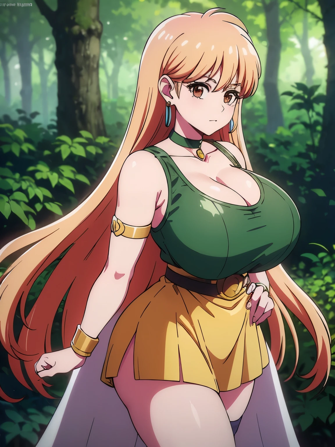 (masterpiece, highest quality:1.2), Ultra-high resolution), RAW Photos, Professional Lighting, Cinema Lighting, (1 girl), Leona, レオナ, Dragon Quest:dai no daibouken, (blonde, Long Hair, Brown eyes, string tiara, hair ornaments, bangs), (earrings, brass Circlet, choker, white cardigan, green short dress, knee high socks, golden bracelet, golden pads, white cloak), (((ultra large natural breasts, Super huge tits, Super huge boob, Super huge cleavages))), (((spooky trees, realistic & detailed ivy, realistic & detailed swamp, dark forest, deep forest, spooky atmosphere, dark atmosphere))), detailed face, detailed eyes, clear & fine eyes, realistic & detailed walking gesture, (((view her from directly back, directly behind angle))),