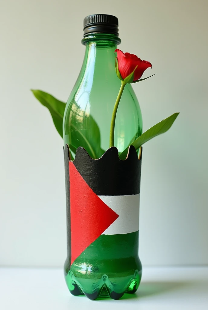 Palestine flag pray art on bottol plastic that has been cut to make a flower pot. The bottol plastic itself looks like flower 