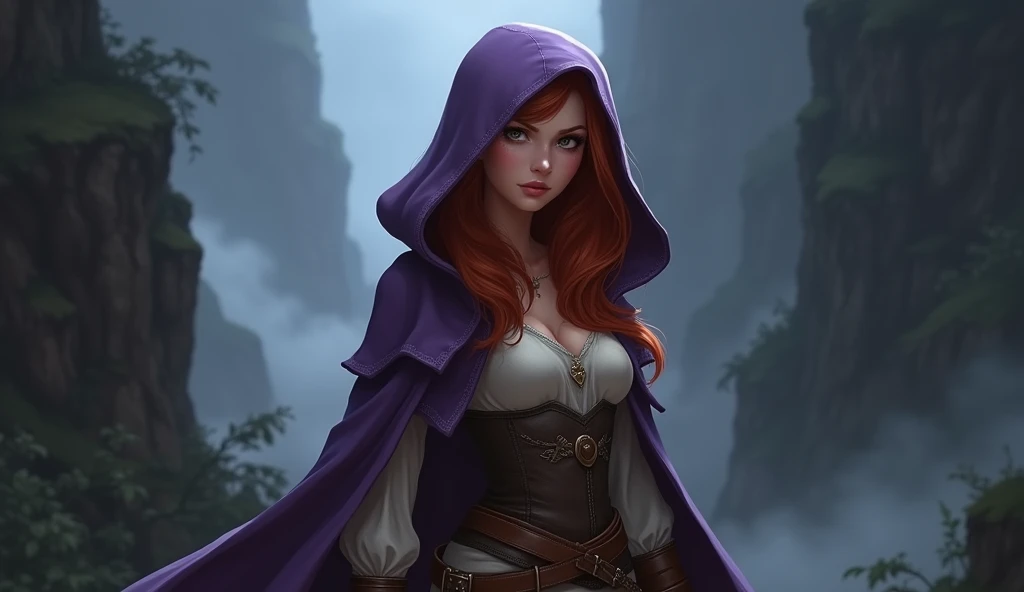 "Create a hyper-realistic, dark fantasy version of Sheila the Thief from 'Dungeons & Dragons' (Caverna do Dragão), set in a gloomy, shadowy environment inspired by the dark and treacherous world of the series. Focus on capturing the intricate details and textures of her face and body while preserving her iconic appearance. Sheila should have her recognizable auburn hair, cascading in soft waves down her shoulders, with an expression that combines vigilance and subtle determination, reflecting her protective nature and stealthy skills.
She wears her iconic light purple hooded cloak, which should be rendered with realistic textures—soft, slightly worn fabric that drapes naturally over her form. The cloak should retain its original color, but with a darker, muted tone to fit the dark fantasy theme. Underneath, her outfit should consist of her classic tunic and boots, detailed with subtle stitching and light wear from her adventures. Focus on her face, capturing the nuances of her expression, the texture of her hair, and the natural flow of her cloak.
The setting is a dark, misty version of the treacherous landscapes from 'Dungeons & Dragons', with looming cliffs, twisted paths, and an eerie fog. The background should evoke the series' blend of fantasy and danger, with the environment slightly blurred to maintain the focus on Sheila's detailed and realistic portrayal. The textures of her cloak, hair, and facial features should be central, while the environment subtly enhances the dark and mysterious atmosphere."