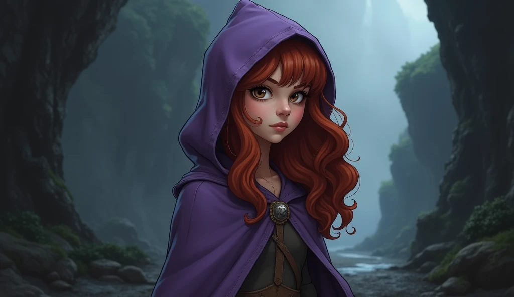 "Create a hyper-realistic, dark fantasy version of Sheila the Thief from 'Dungeons & Dragons' (Caverna do Dragão), set in a gloomy, shadowy environment inspired by the dark and treacherous world of the series. Focus on capturing the intricate details and textures of her face and body while preserving her iconic appearance. Sheila should have her recognizable auburn hair, cascading in soft waves down her shoulders, with an expression that combines vigilance and subtle determination, reflecting her protective nature and stealthy skills.
She wears her iconic light purple hooded cloak, which should be rendered with realistic textures—soft, slightly worn fabric that drapes naturally over her form. The cloak should retain its original color, but with a darker, muted tone to fit the dark fantasy theme. Underneath, her outfit should consist of her classic tunic and boots, detailed with subtle stitching and light wear from her adventures. Focus on her face, capturing the nuances of her expression, the texture of her hair, and the natural flow of her cloak.
The setting is a dark, misty version of the treacherous landscapes from 'Dungeons & Dragons', with looming cliffs, twisted paths, and an eerie fog. The background should evoke the series' blend of fantasy and danger, with the environment slightly blurred to maintain the focus on Sheila's detailed and realistic portrayal. The textures of her cloak, hair, and facial features should be central, while the environment subtly enhances the dark and mysterious atmosphere."