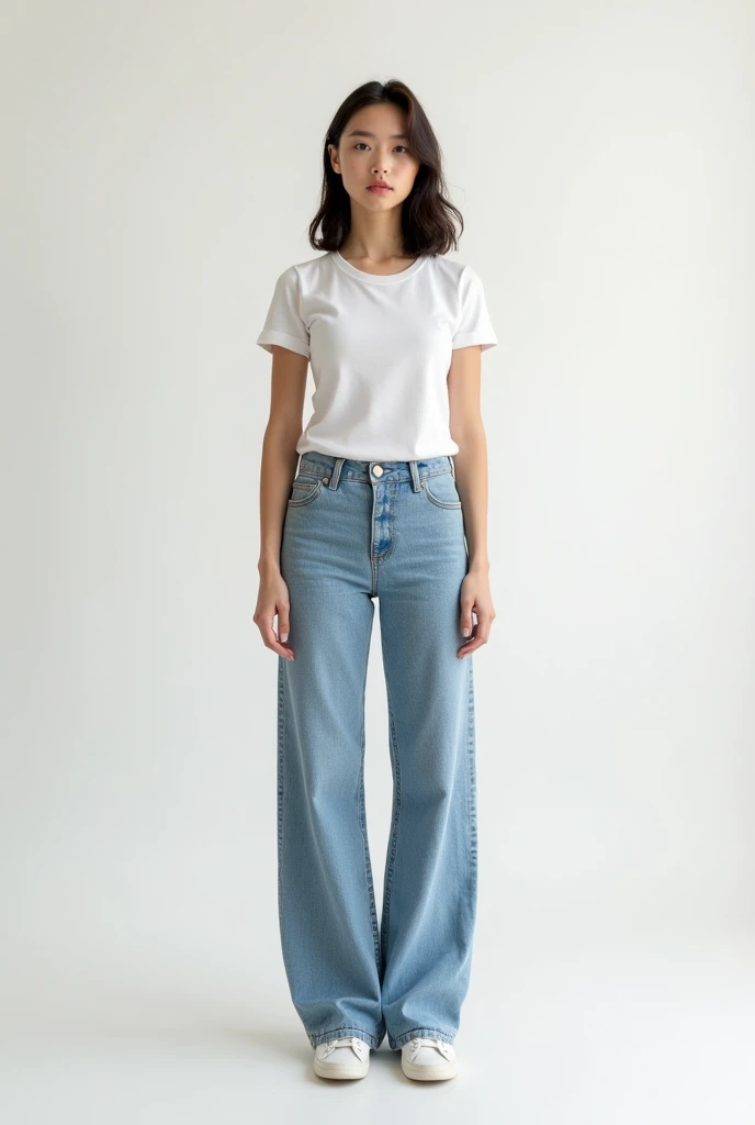 model,photo, model, white race, female, young, standing, alone, expressionless, photo studio, white background, full body shot, standing pose, from head to toe, photo taken in the studio, white round neck short sleeve t-shirt, 50kg weight, long jeans, Facing the front