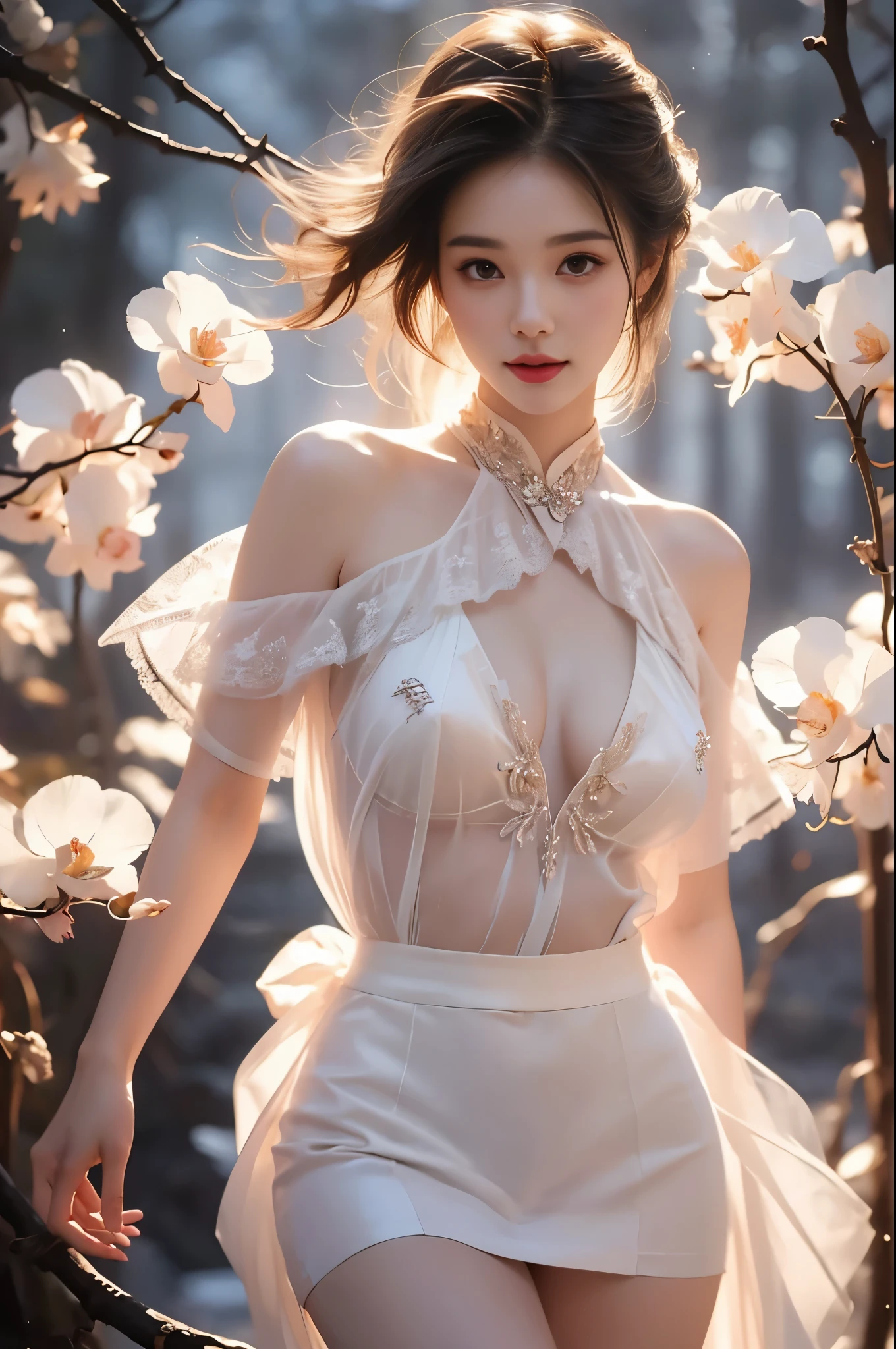 seethru, off shoulder short dress(Quality Improvement:1.4),1 Girl, Full breasts,Visible cleavage,Sexy long legs,The skirt is very short,She gently lifted her skirt with one hand,Surrounded by white Phalaenopsis orchids,Lilac dendrobium、White Lily, Flying petals,(Top quality leather), Delicate face,Black Hair, Gradient hair, Body,(Body1.1), He has a precious gem on his forehead.., outstanding student,Long eyelashes,Smile, Surrealism, Movie Lighting, Projection Insert, Surrealism, Ultra HD, masterpiece,lie,Keep dreaming,Open your legs slightly.,Tattoo,Fantasy Space,Luxurious space,Exquisite makeup,blush,Shy expression