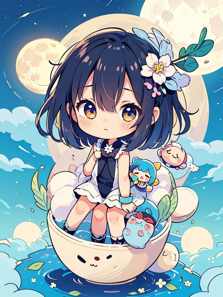 Momoko Sakura colorful style, Simple Line Initialism，Abstract art，The most beautiful girl of all time, (((chibi))),  (((full moon))), Cute Aliens