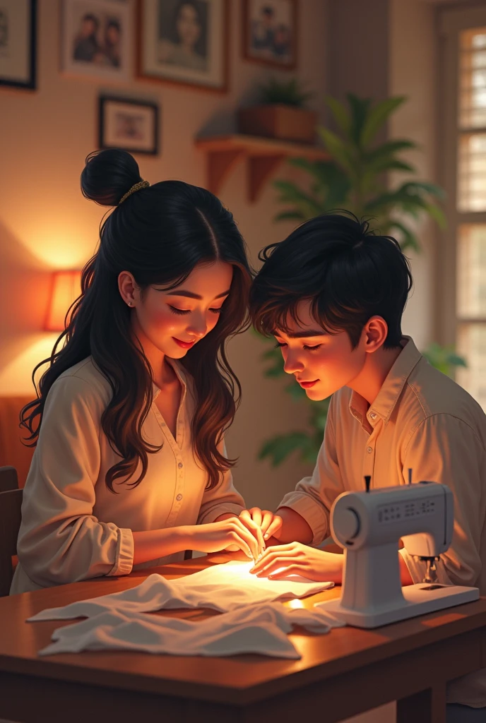 A girl working in tailoring her boy friend looking her pretty at home she name is vinisha her boy friend name is jegan mention both of them name on that photo she is working not him both college student 20 age