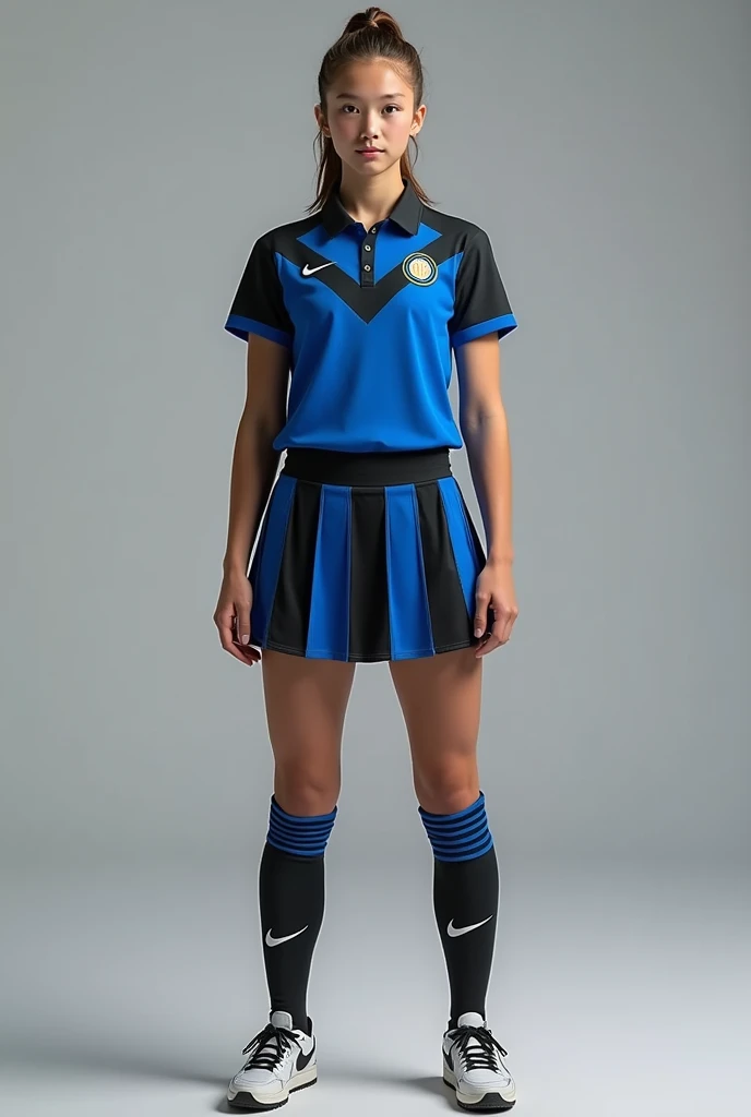 Make a girl in a cheerleading uniform, Your uniform should be designed like the Inter Milan training team uniform for the year 2021, The girl must wear a skirt with six straight panels in black and blue., that the girl is not holding her skirt so that my skirt can be appreciated well, and the shirt must be a polo