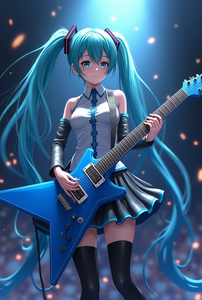 Miku Nakano playing a blue Flying V guitar