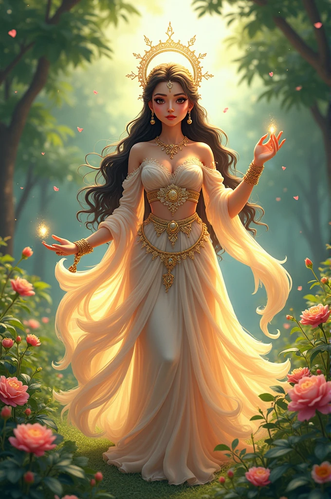 Radha Rani, who is standing in the garden, is wearing very beautiful clothes and has done a wonderful adornment. She is filled with compassion. Goodness is reflected in her eyes.create a anime of that.also she is looking like fairy 