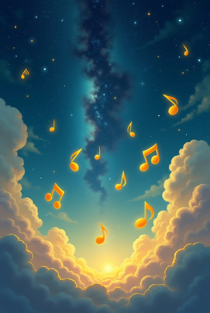Yellow musical notes, night sky, background only, cute, Milky Way