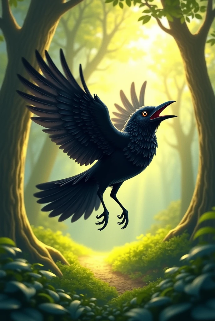 Crow in the forest in happy moments
