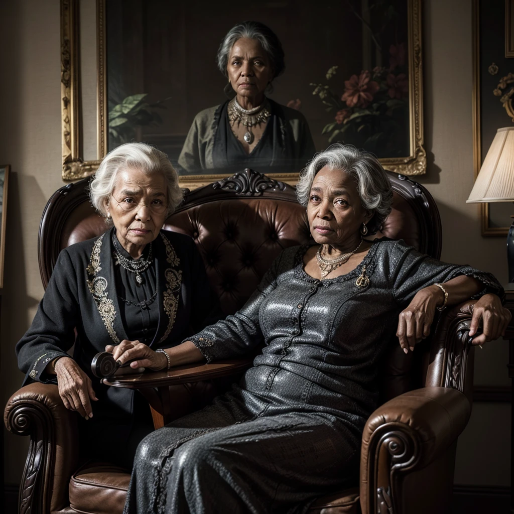 Black elderly woman, woman sitting in the armchair, holding cane, dark surroundings, antique decorations, 90 years old, frightful