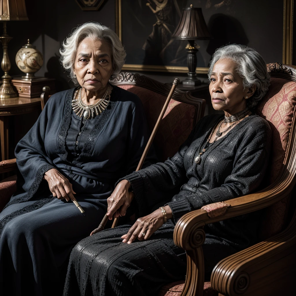 Black elderly woman, woman sitting in the armchair, holding cane, dark surroundings, antique decorations, 90 years old, frightful