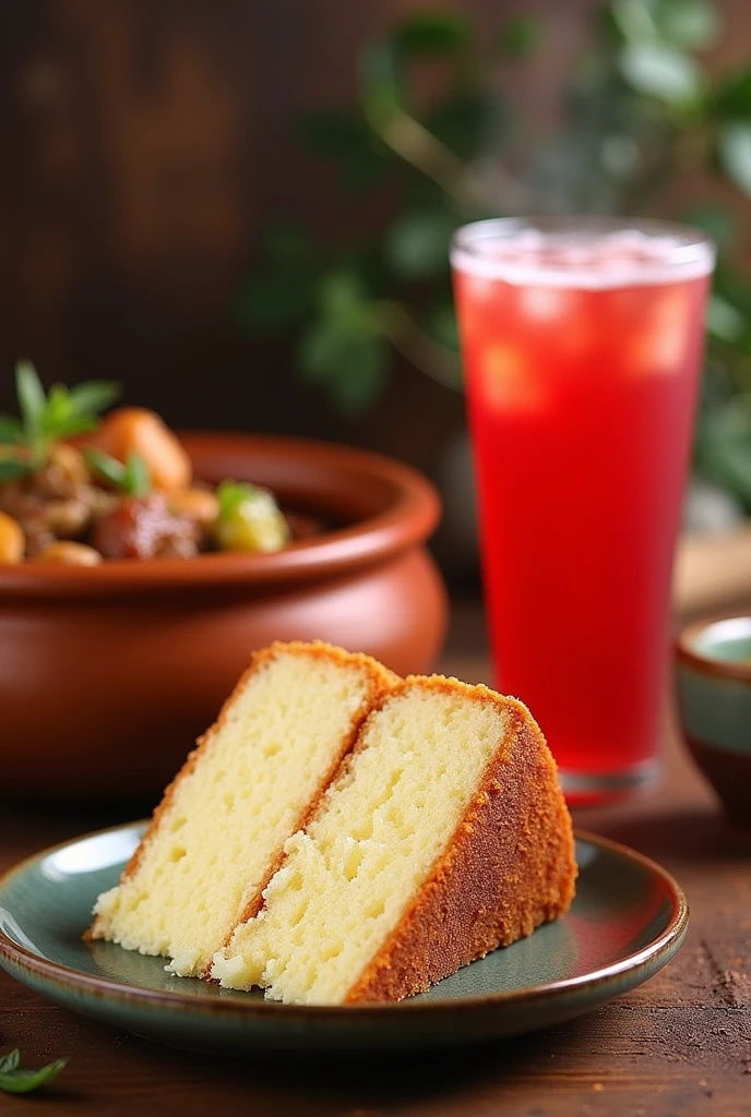 Vanilla cake slice with red soda with its Peruvian mostrito dish