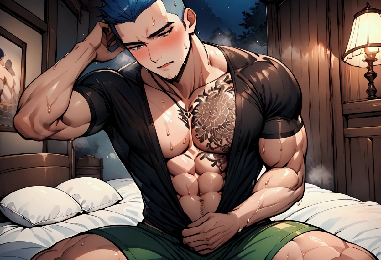 Highest quality、masterpiece、(muscular male:1.2)、(father:0.5)、Shaved head、Blue Hair、(sweat:1.3)、steam、tattoo on chest、tattoo on leg、On the upper half of his body he was wearing a tight fitting black shirt with an open neckline.、The lower half is green shorts、night、On the bed at the inn、kiss、pov shot
