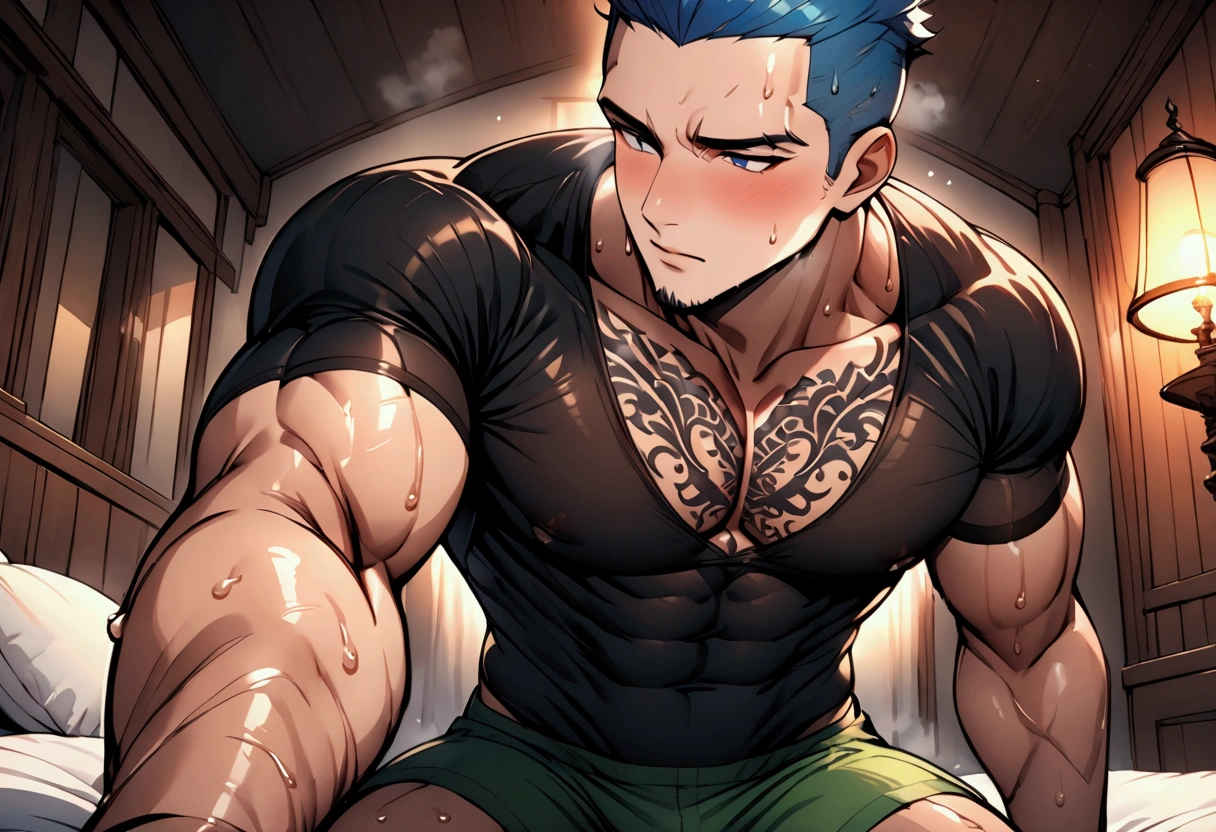 Highest quality、masterpiece、(muscular male:1.2)、(father:0.5)、Shaved head、Blue Hair、(sweat:1.3)、steam、tattoo on chest、tattoo on leg、On the upper half of his body he was wearing a tight fitting black shirt with an open neckline.、The lower half is green shorts、night、On the bed at the inn、kiss、pov shot