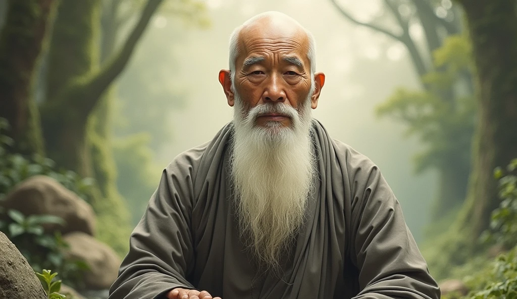 make me an old man from Asia in meditation clothes, bald and with a big beard with a very wise face with open eyes