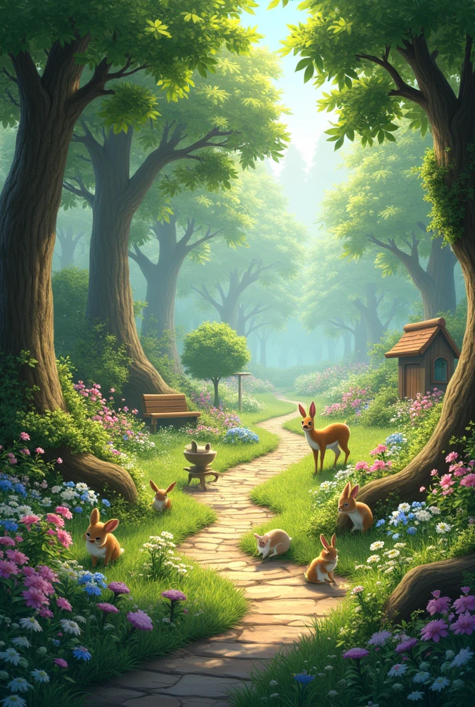 Very beautiful garden in the forest with lots of animals 
