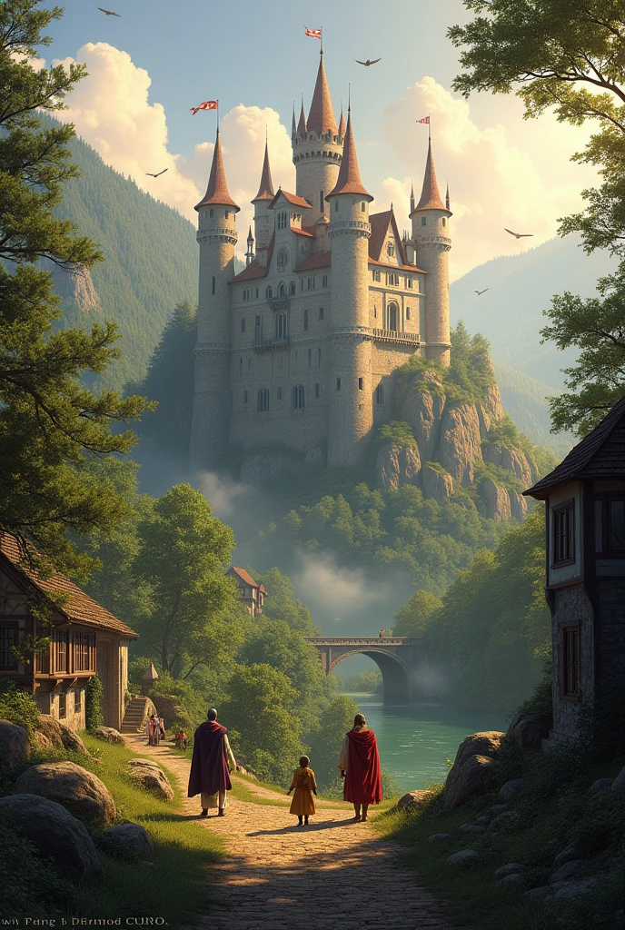 Un royaume médiéval lointain avec de grands châteaux et des paysages verdoyants, baigné par la douce lumière de l'aube.
