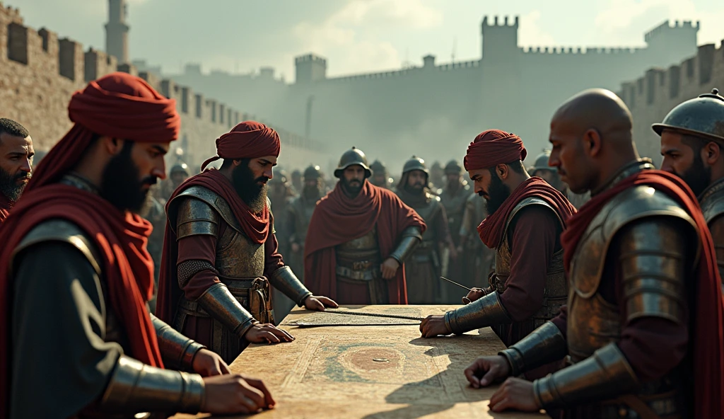 Create a highly detailed, ultra-realistic scene of Thariq bin Ziyad's forces preparing for an assault on a fortified city. Thariq and his warriors, all dressed in traditional Islamic warrior attire, including turbans, leather, and iron armor, are shown in intense preparation. Some warriors are sharpening their swords, others adjusting their armor, while a few are strategizing over a map. The fortified city looms in the background with imposing walls and watchtowers. The scene is illuminated with cinematic lighting, creating deep shadows and emphasizing the tension and anticipation of the upcoming battle. Epic color grading enhances the contrast between the cool, dark tones of the environment and the warm, earthy hues of the warriors' attire, adding to the grandeur and intensity of the scene.