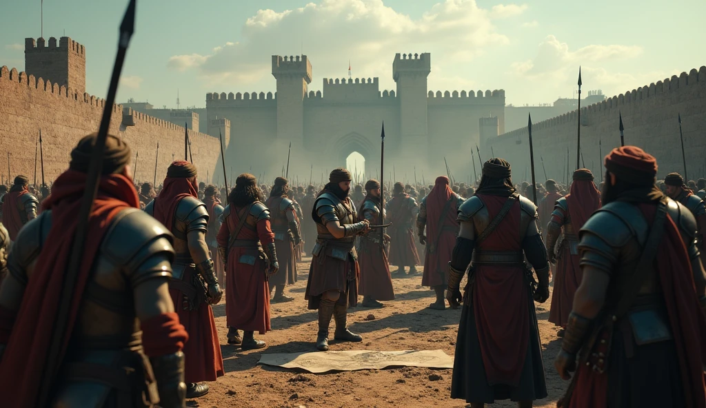 Create a highly detailed, ultra-realistic scene of Thariq bin Ziyad's forces preparing for an assault on a fortified city. Thariq and his warriors, all dressed in traditional Islamic warrior attire, including turbans, leather, and iron armor, are shown in intense preparation. Some warriors are sharpening their swords, others adjusting their armor, while a few are strategizing over a map. The fortified city looms in the background with imposing walls and watchtowers. The scene is illuminated with cinematic lighting, creating deep shadows and emphasizing the tension and anticipation of the upcoming battle. Epic color grading enhances the contrast between the cool, dark tones of the environment and the warm, earthy hues of the warriors' attire, adding to the grandeur and intensity of the scene.