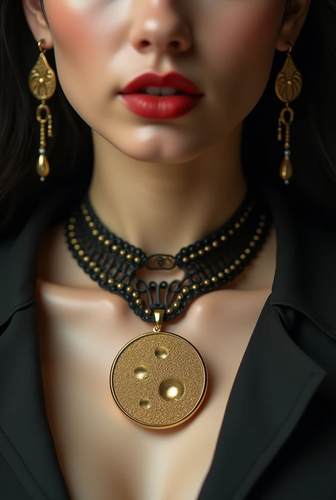 I want a photo of a woman between brown and white, a light tan but only showing the part of his neck and chest, You can see your mouth which will be small and red, of clothing that has a black neckline with details, You have to have some gold-colored earrings and what will stand out will be your necklace, It has to be a giant full moon hanging around your neck. It has to be gold., Her face doesn't have to be shown, only her neck and chest..