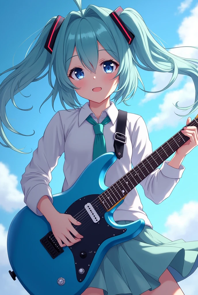 Miku Nakano of the anime Gotoubun no Hanayome to play a Flying V azul guitar