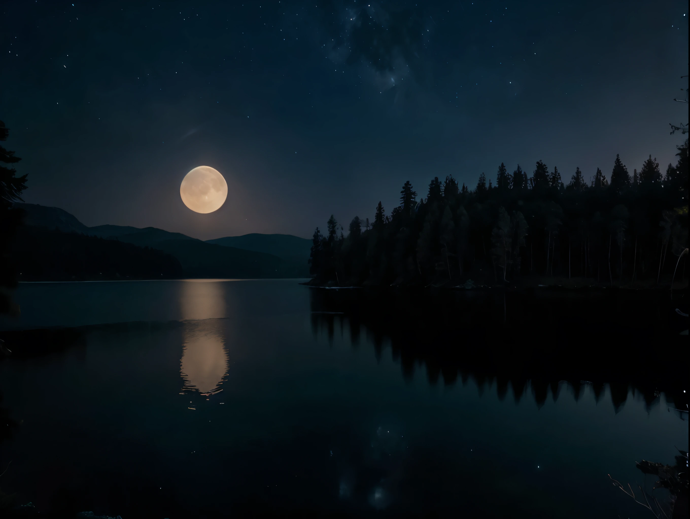 a beautiful ethereal moonlit landscape, a mystical moon hanging in a starry night sky, a serene lake reflecting the moonlight, tall ancient trees silhouetted against the glowing moon, a lone figure standing on a cliff gazing up at the moon, dramatic chiaroscuro lighting, cinematic composition, vibrant colors, stunning realism, 8k, photorealistic, masterpiece