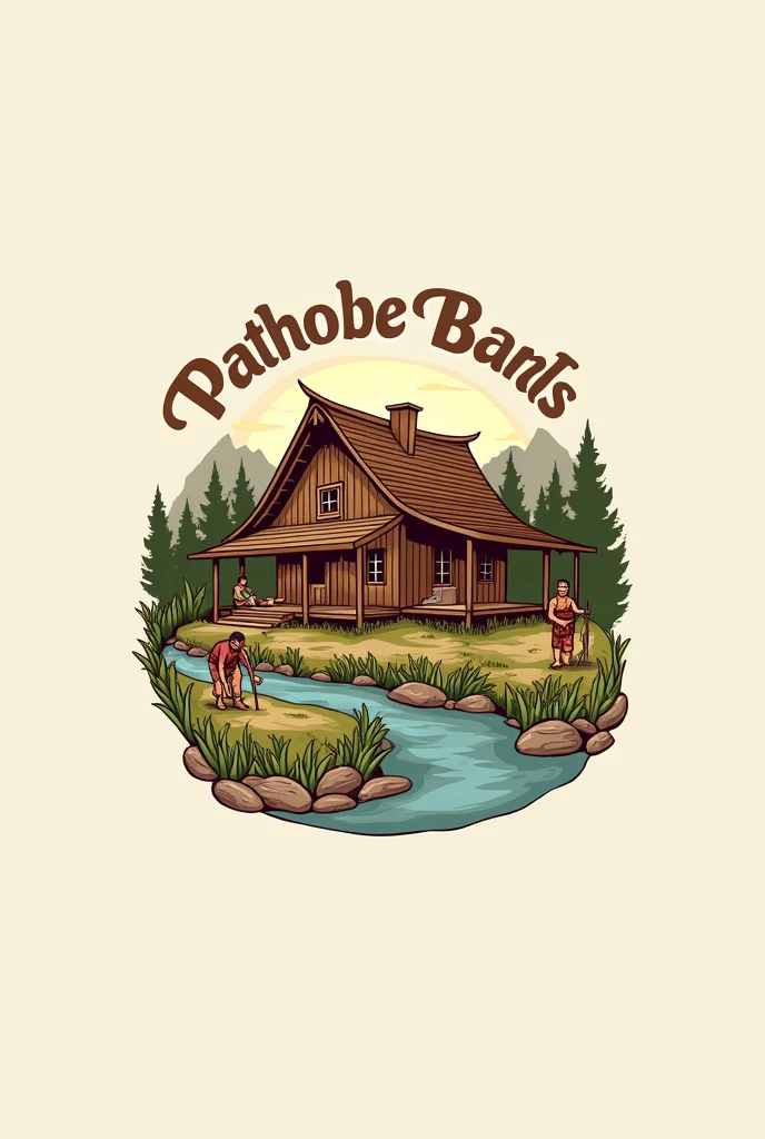 Design a logo that says: Path House of boards and have a house of boards, a stream, a peasant and an indigenous person