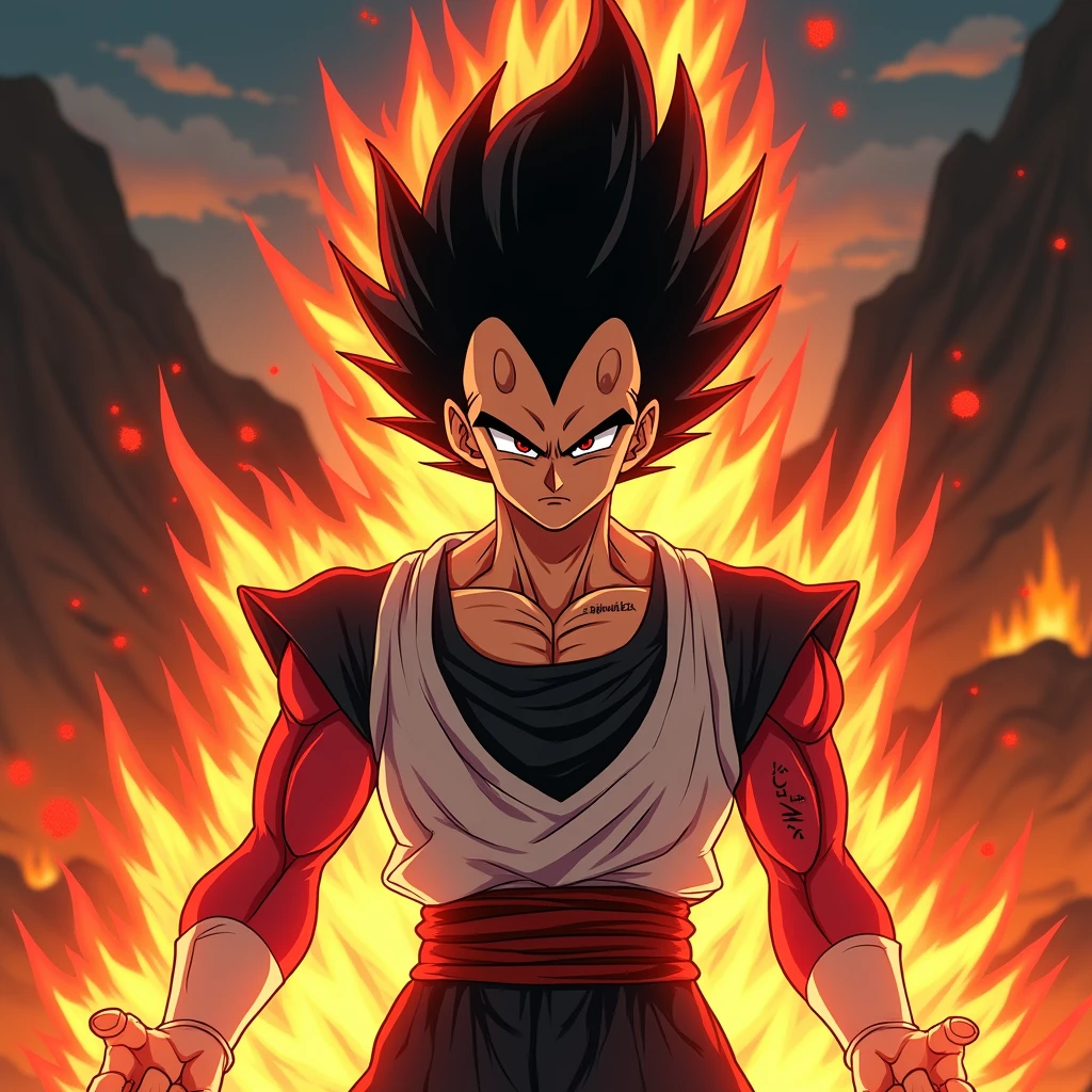 Get ready for a visual feast with Vegeta , glowing black  hair and tattoo, a being with a handsome face and piercing red eyes. In his transformed state, he radiates extreme instinct and power, making for an epic anime about this energy man. Watch as he controls fire and lava in stunning anime artwork that will leave you in awe. This concept art is straight out of the Bleach Universe, with a manga-style 8k wallpaper that will transport you to another dimension. Prepare to be amazed by this detailed digital anime art, showcasing the ultimate fusion of style and power.