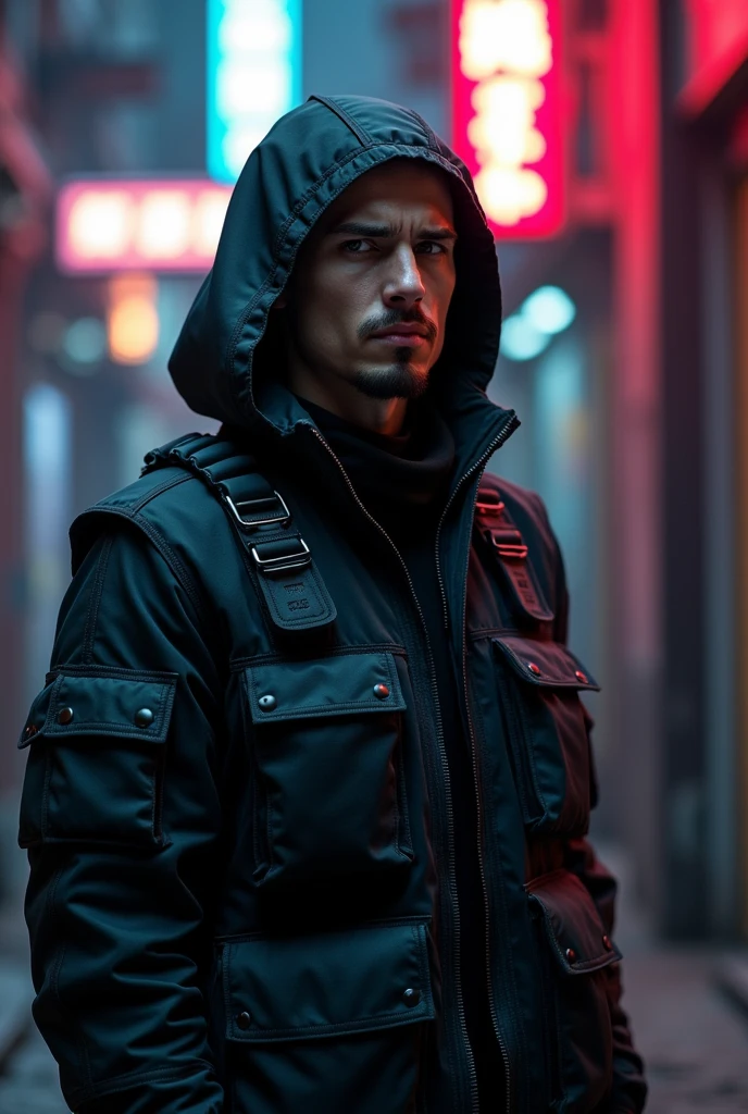 A photo shoot of a guy wearing a futuristic black hoodie with high neck cover, gargo military pockets and straps, unique urban black hoodie with futuristic military look. The photo shoot take place on a cyberpunk alley with dark atmosphere and futuristic neon signs. Photography, Photorealistic, realism, extreme detail, high quality graphics, ultra realistic, hyperrealism, high resolution, extreme quality, masterpiece, 4k hdr 