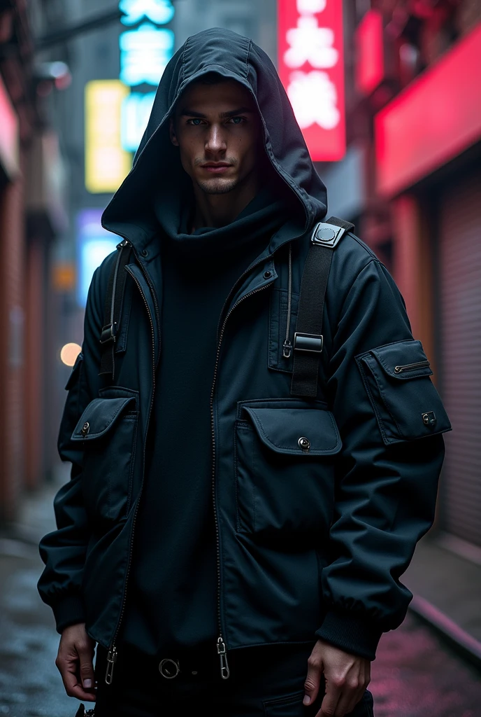 A photo shoot of a guy wearing a futuristic black hoodie with high neck cover, gargo military pockets and straps, unique urban black hoodie with futuristic military look. The photo shoot take place on a cyberpunk alley with dark atmosphere and futuristic neon signs. Photography, Photorealistic, realism, extreme detail, high quality graphics, ultra realistic, hyperrealism, high resolution, extreme quality, masterpiece, 4k hdr