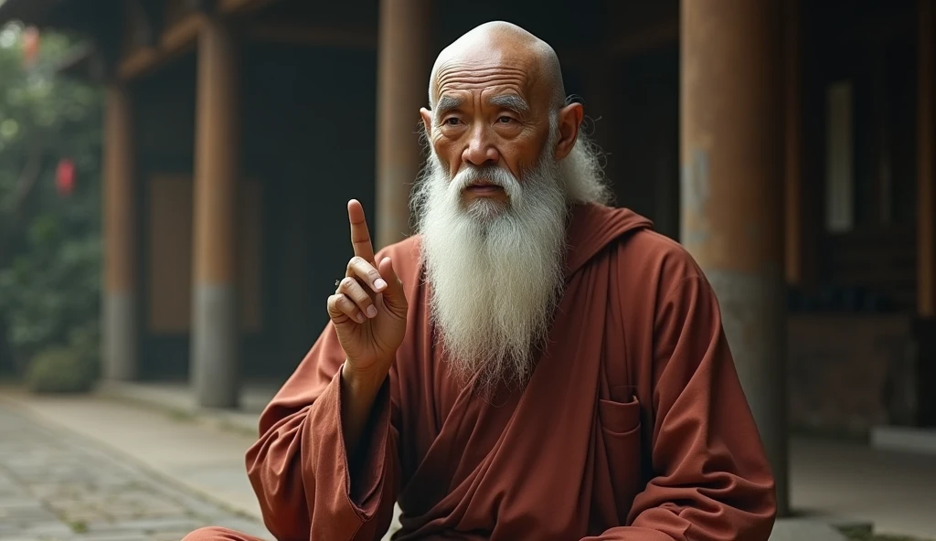 make me an old man from Asia in meditation clothes, bald and with a big beard with a very wise face with his hand above his chest pointing the finger