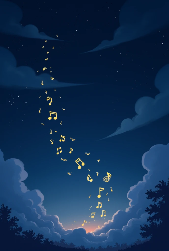 Yellow musical notes, night sky, background only, cute 