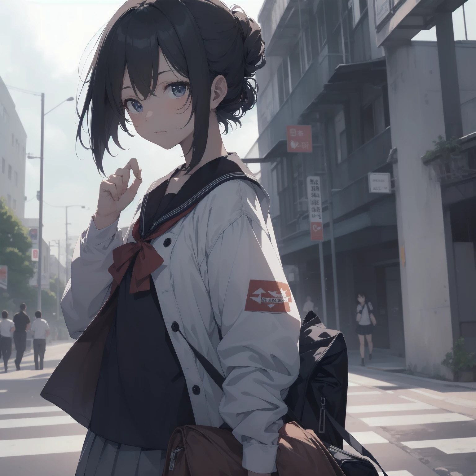 ultra-absurdres-Top quality by artist God, ultra-detailed, high resolution, anime moe artstyle, best anime 8k konachan wallpaper, pixiv contest winner, pool:2810, perfect anatomy,break, 1girl, (Please draw a girl walking sleepily to school alone. )break,(Solo,little female,:1.3),Full limbs, ,a junior high school student, (very short hair), short cut, flat chest, , small butt, small black eyes, beautiful detailed eyes, well-proportioned iris and pupils, expressive eyes, highres detailed hair, soft expression, salor school_uniform, sailor collar, serahuku, bow, pleated skirt,(Detailed Lighting), (Detailed background), in the School commute route. break,super detailed skin, Best cinematic lighting powered by famous artist, 8k,beauty illustration,photoshop_(medium),very aesthetic,break,((artist:takeuchi_takashi )), artist:clamp ,artist:carnelian ,artist:kantoku ,