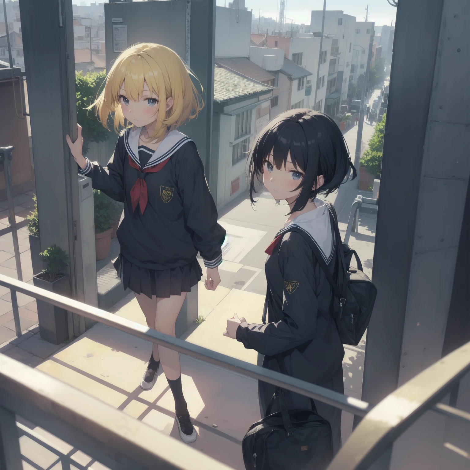ultra-absurdres-Top quality by artist God, ultra-detailed, high resolution, anime moe artstyle, best anime 8k konachan wallpaper, pixiv contest winner, pool:2810, perfect anatomy,break, 1girl, (Please draw a girl walking sleepily to school alone. )break,(Solo,little female,15yo:1.3),Full limbs, ,a junior high school student, (very short hair), short cut, flat chest, , small butt, small black eyes, beautiful detailed eyes, well-proportioned iris and pupils, expressive eyes, highres detailed hair, soft expression, salor school_uniform, sailor collar, serahuku, bow, pleated skirt,(Detailed Lighting), (Detailed background), in the School commute route. break,super detailed skin, Best cinematic lighting powered by famous artist, 8k,beauty illustration,photoshop_(medium),very aesthetic,break,((artist:takeuchi_takashi )), artist:clamp ,artist:carnelian ,artist:kantoku ,